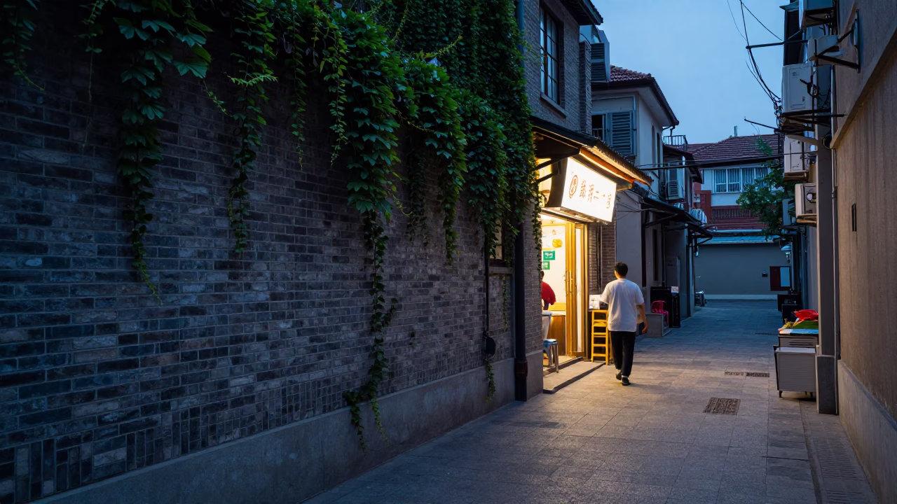 Blue Hour Shanghai Street Scene with Ivy Brick Wall and Local Life in in Shanghai, China