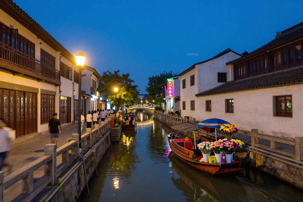 Blue Hour Shanghai Street Scene with Sampan and Flower Market Vendor in in Shanghai, China