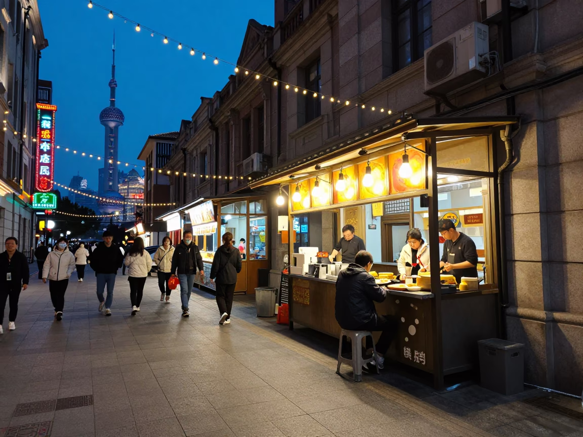 Blue Hour Shanghai Street Scene with String Lights and Local Dining in in Shanghai, China