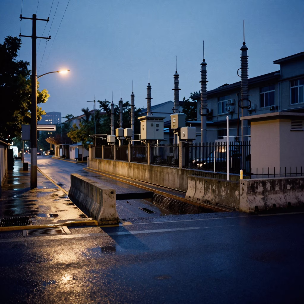 Blue Hour Shanghai Street Scene with Substation Access Road and Rainwater Puddles in in Shanghai, China