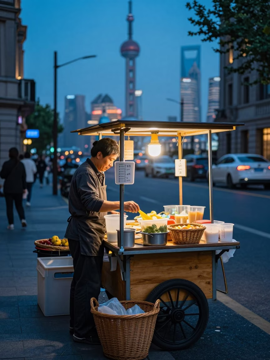Blue Hour Shanghai Street Scene with Wicker Basket and Measuring Cups in in Shanghai, China