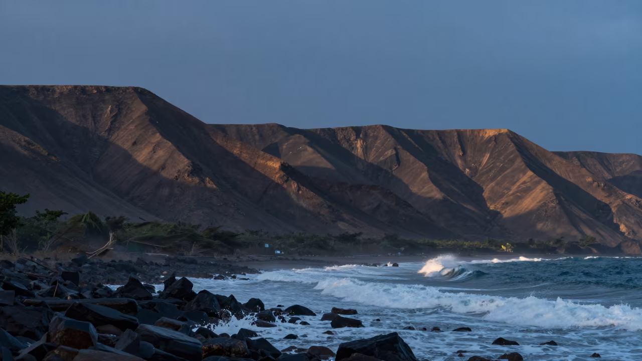 Blue Hour Shoreline Ridge Eritrea in from a ridge above layered foothills in Eritrea
