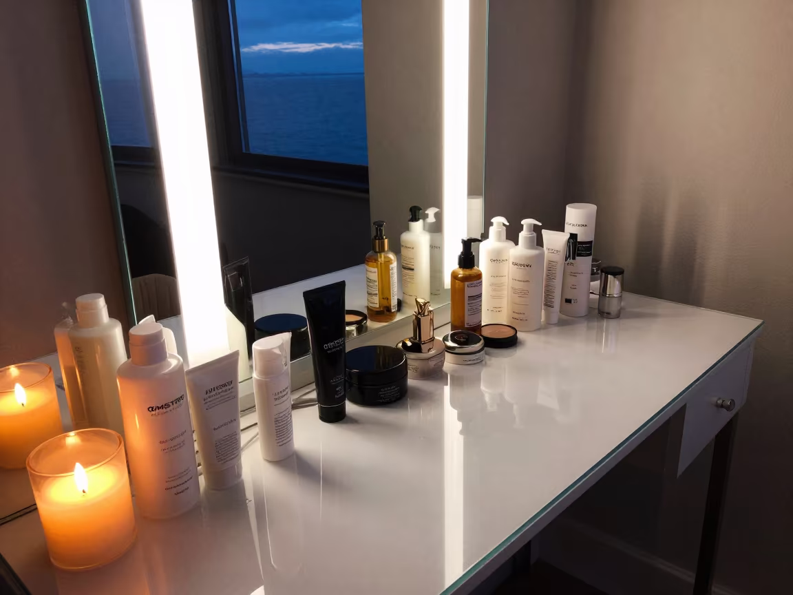 Blue Hour Skincare Room Candlelit Close-Up in in a beauty supply area under white LEDs in Aberdeen