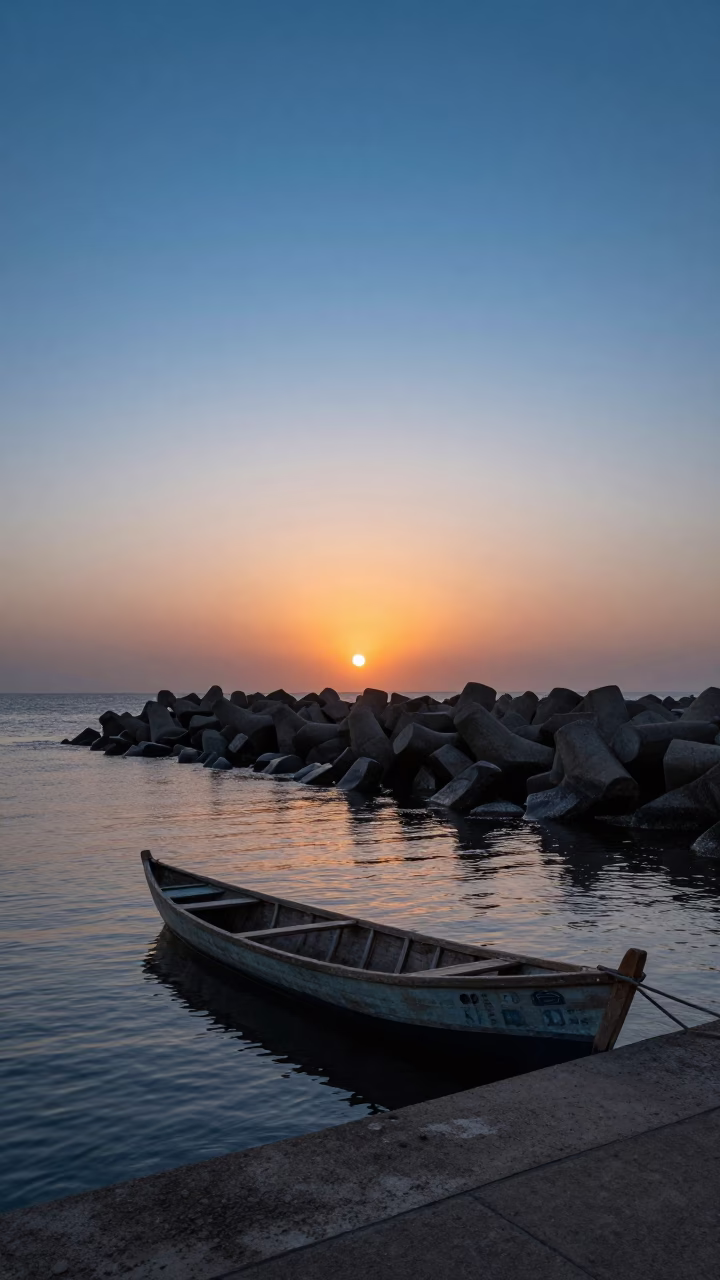 Blue Hour Sky Fading Above Dakar Harbor Breakwater at Sunset in in Dakar, Senegal