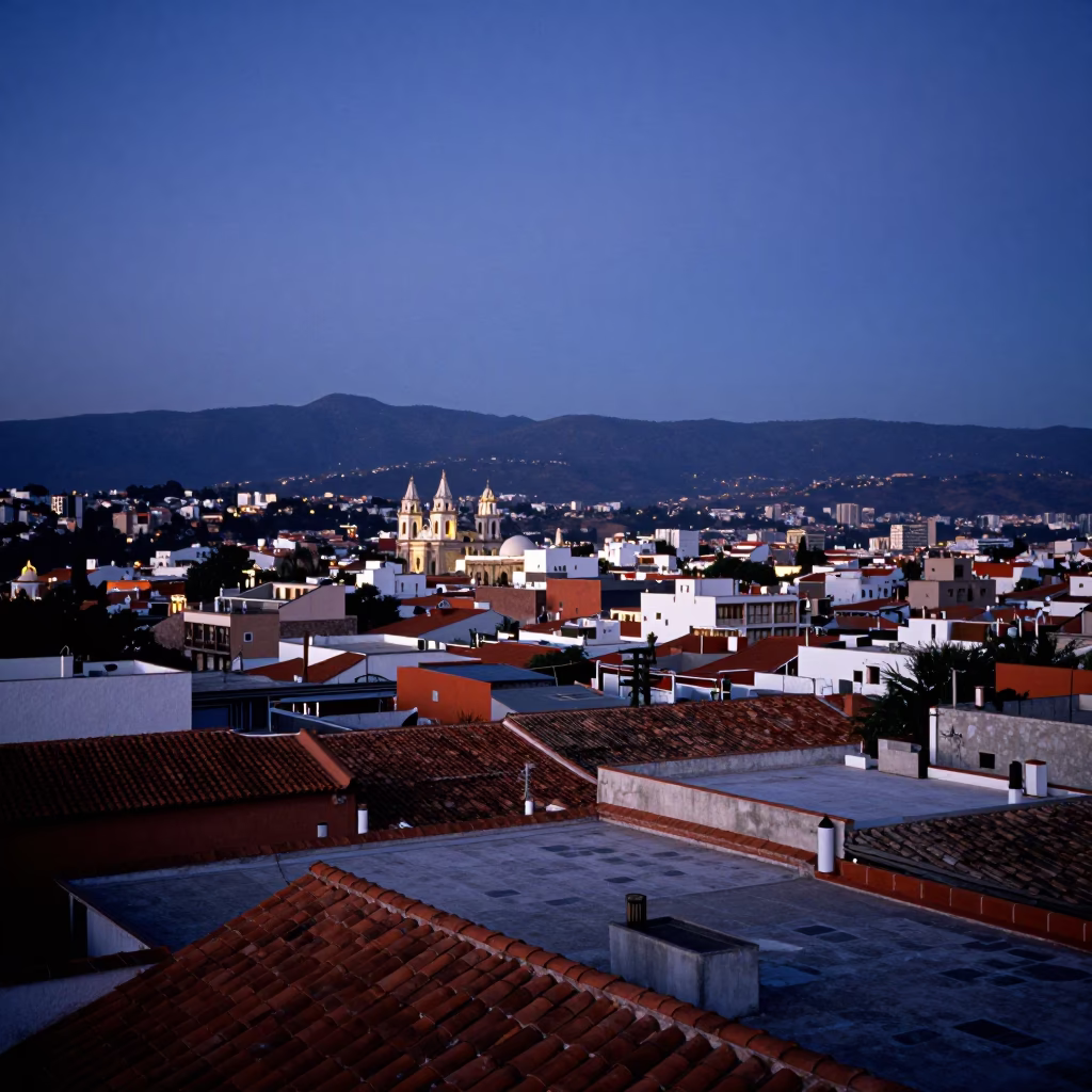 Blue Hour Skyline Over Oaxaca City Rooftops and Distant Hills in in Oaxaca, Mexico
