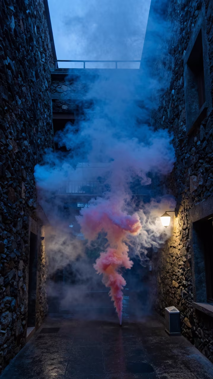 Blue Hour Smoke Plumes Colliding in Bariloche Passageway in inside a skylit passageway in Bariloche