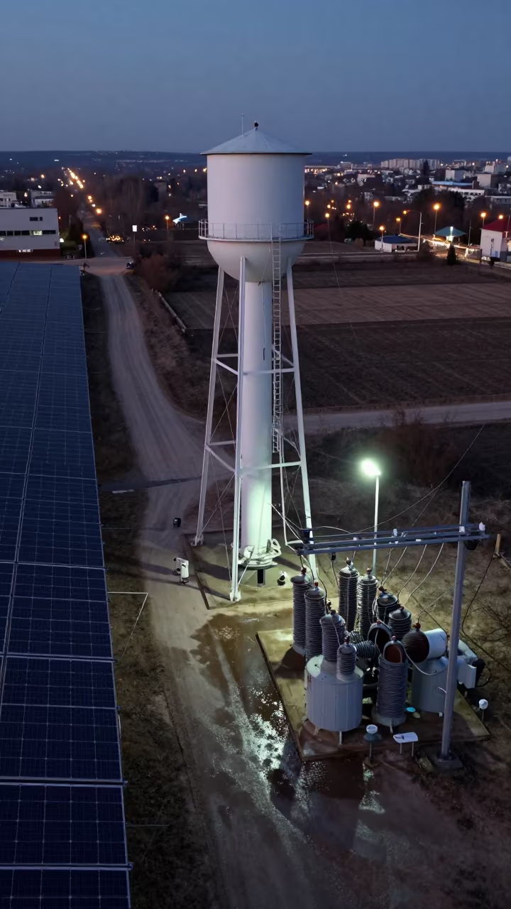 Blue Hour Solar Array View Beside Belgrade Water Tower in beside a water tower ladder near Belgrade