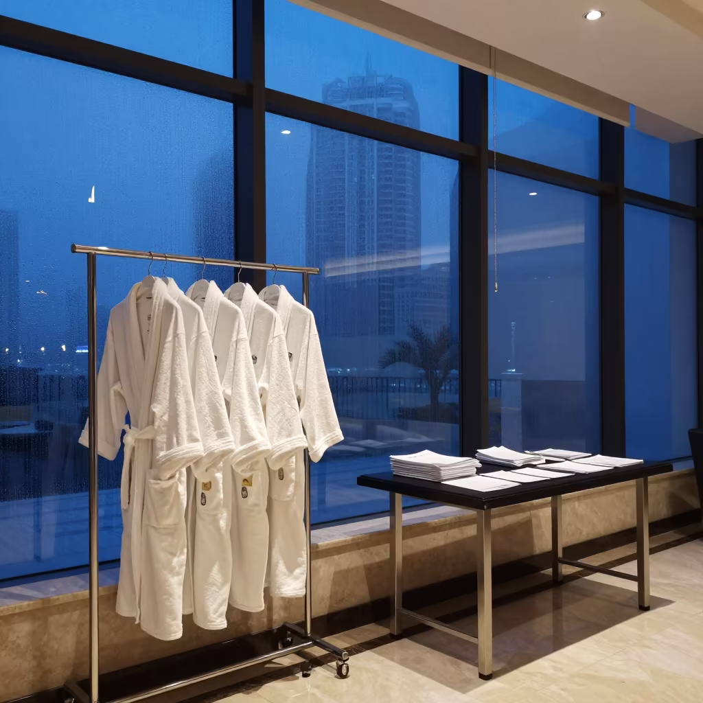 Blue Hour Spa Robe Divider Rack in Abu Dhabi Hotel Lobby in inside a hotel lobby near Abu Dhabi