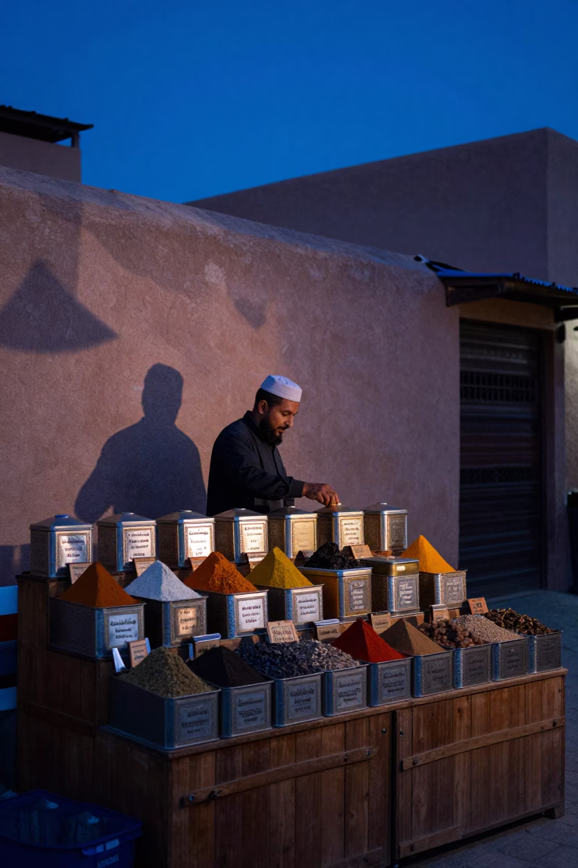 Blue Hour Spice Merchant Display in Marrakech Souk with Metal Tins in in Marrakech, Morocco