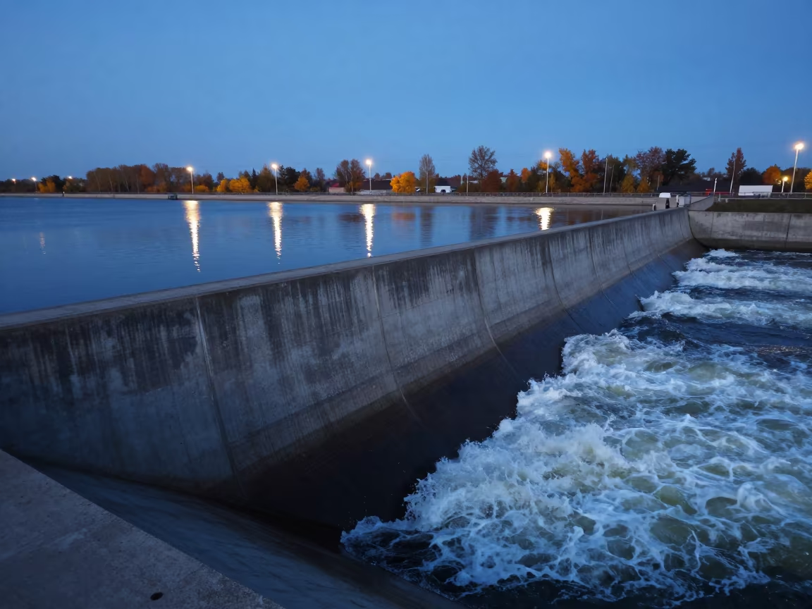 Blue Hour Spillway Lip Wet Concrete Turbulent Water in along concrete walls above turbulent water near Orsk