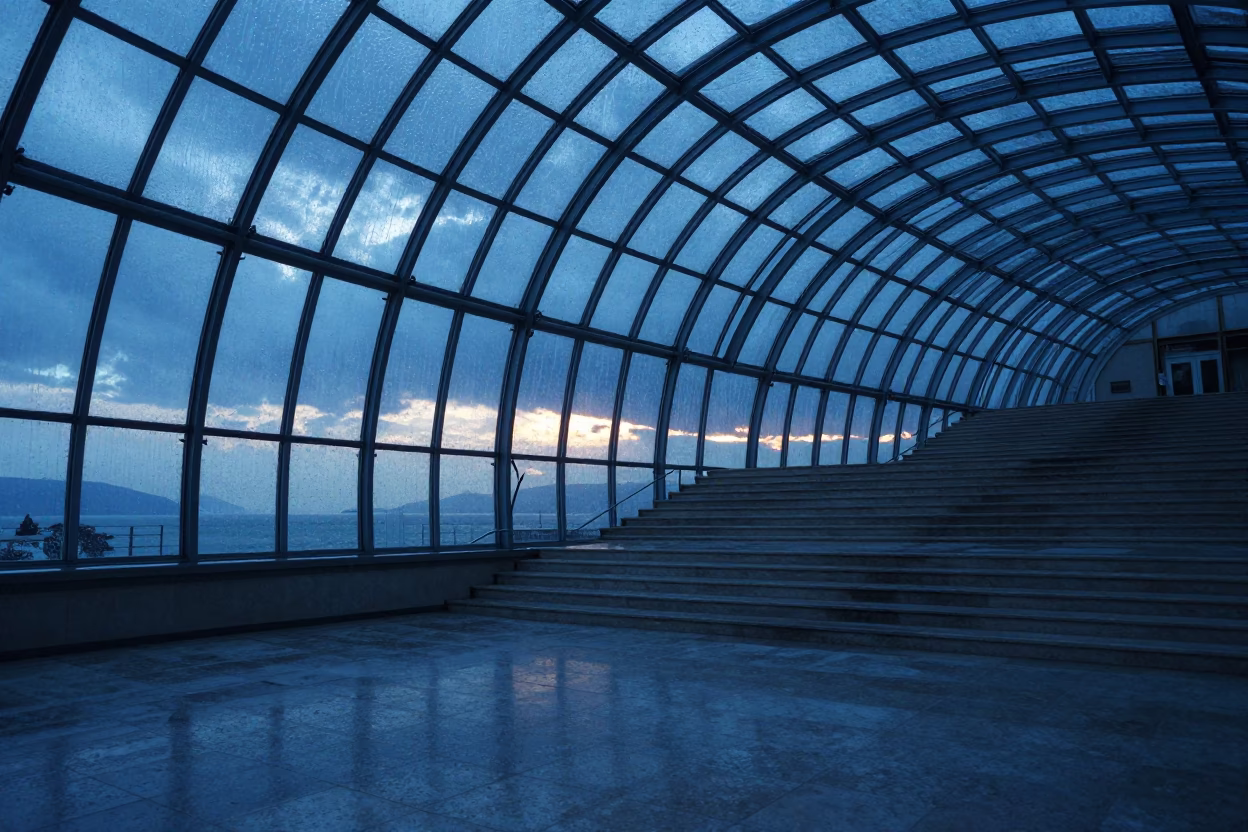 Blue Hour Stair Hall Under Vaulted Glass in inside a vaulted atrium near Çanakkale