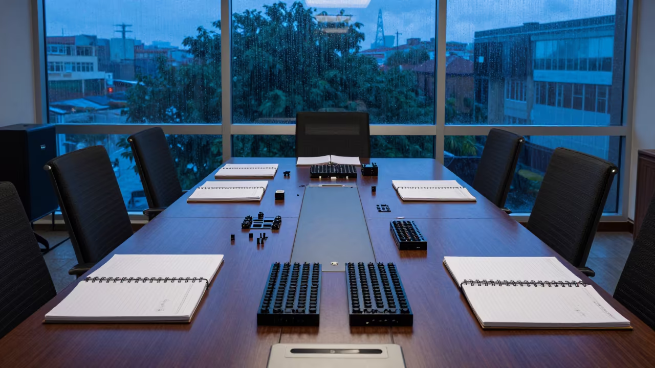 Blue Hour Startup Meeting Table with Prototype Parts in at a boardroom table before a meeting in Port-au-Prince