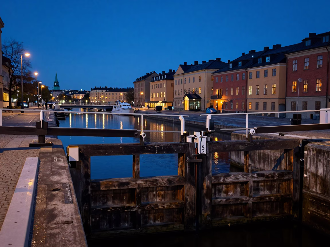 Blue Hour Stockholm Canal Lock Scene with Wooden Gates and Urban Reflections in in Stockholm, Sweden