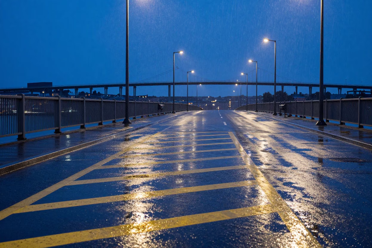 Blue Hour Stockholm Harbor Bridge Deck Markings Shining Under Drizzle in in Stockholm, Sweden