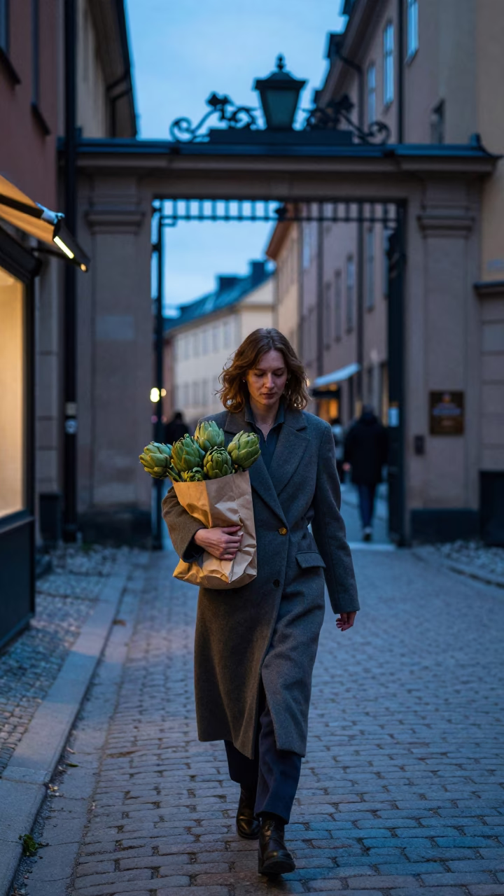 Blue Hour Stockholm Street Scene with Artichokes and Gate Handle in in Stockholm, Sweden