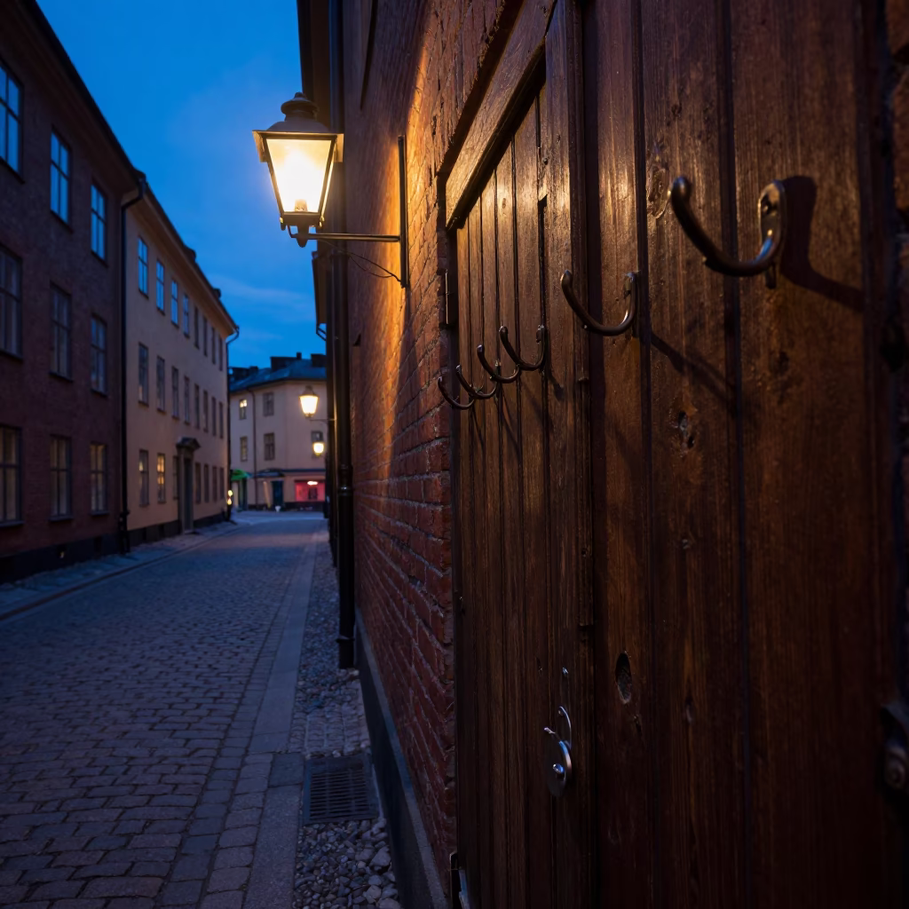 Blue Hour Stockholm Street Scene with Coat Hooks and Urban Details in in Stockholm, Sweden