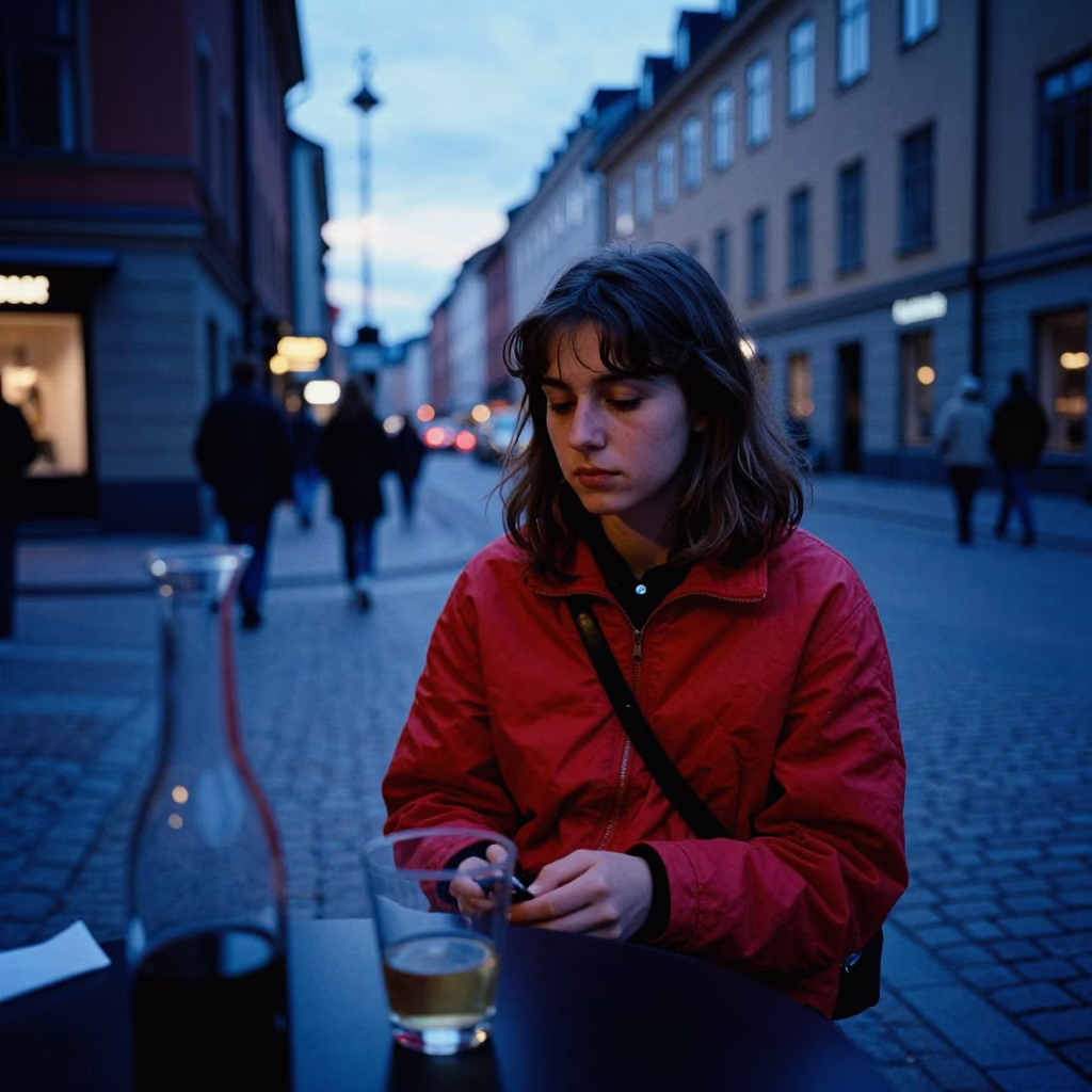 Blue Hour Stockholm Street Scene with Glass Carafe and Urban Atmosphere in in Stockholm, Sweden