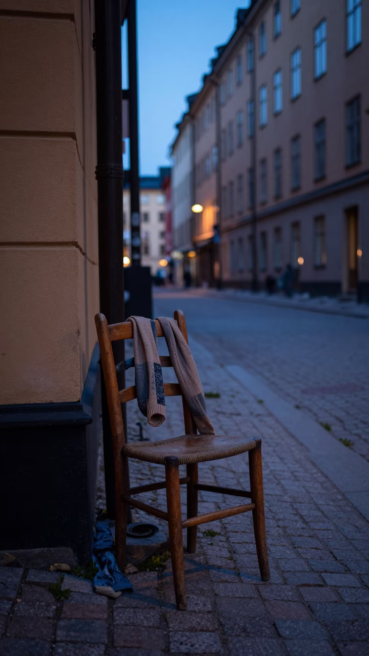 Blue Hour Stockholm Street Scene with Ladder-Back Chair and Scarf in in Stockholm, Sweden