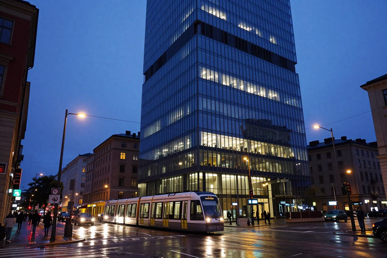 Blue Hour Stockholm Street Scene with Monorail Reflection in Glass Skyscraper Facade in in Stockholm, Sweden