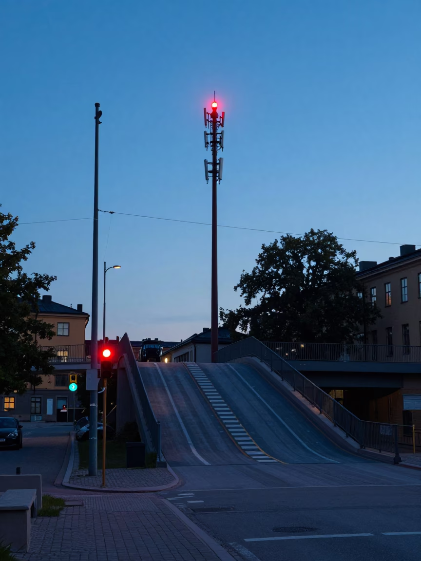 Blue Hour Stockholm Street Scene with Red Beacon and Overpass Ramp in in Stockholm, Sweden
