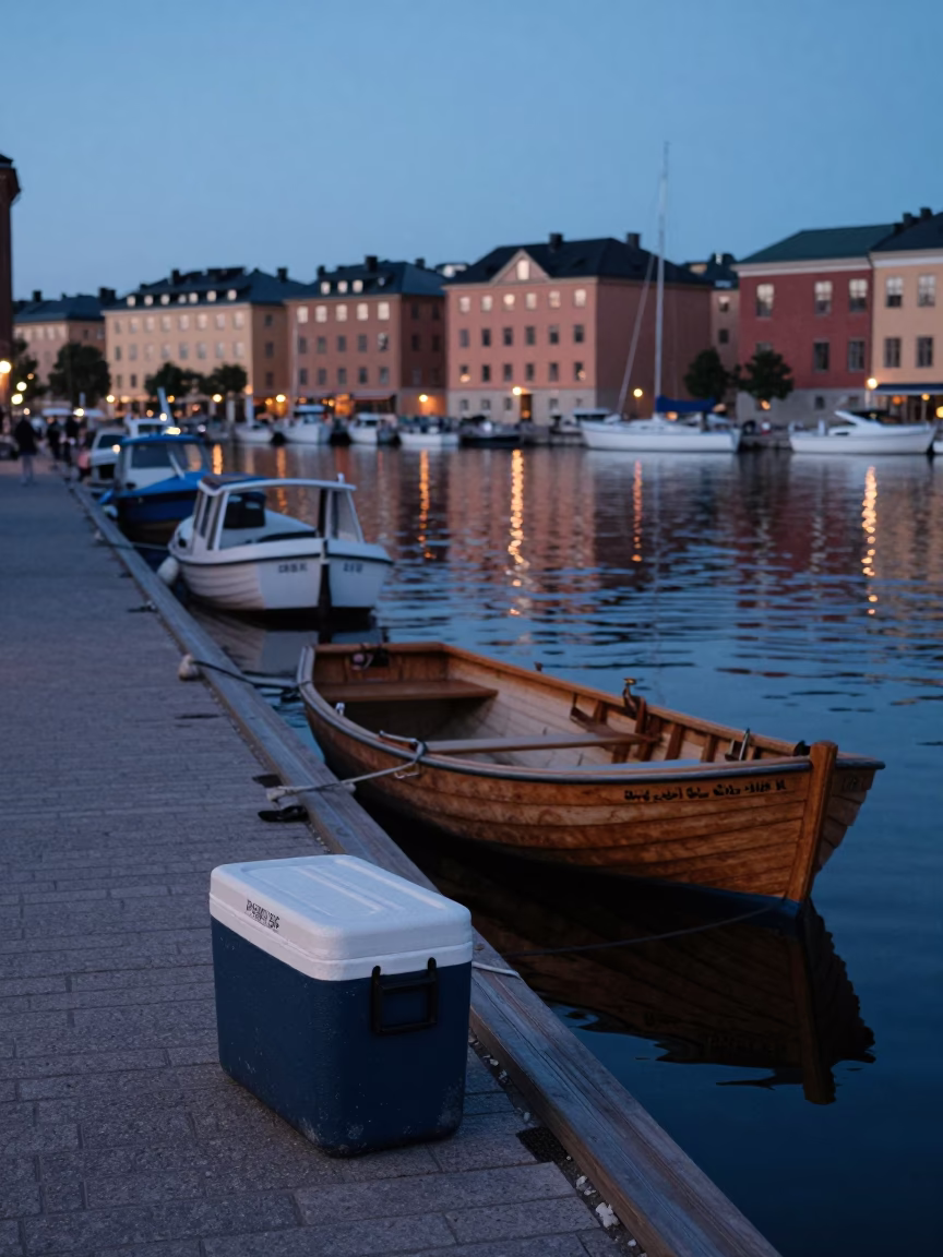 Blue Hour Stockholm Street Scene with Rowboat and Cooler Jug in in Stockholm, Sweden