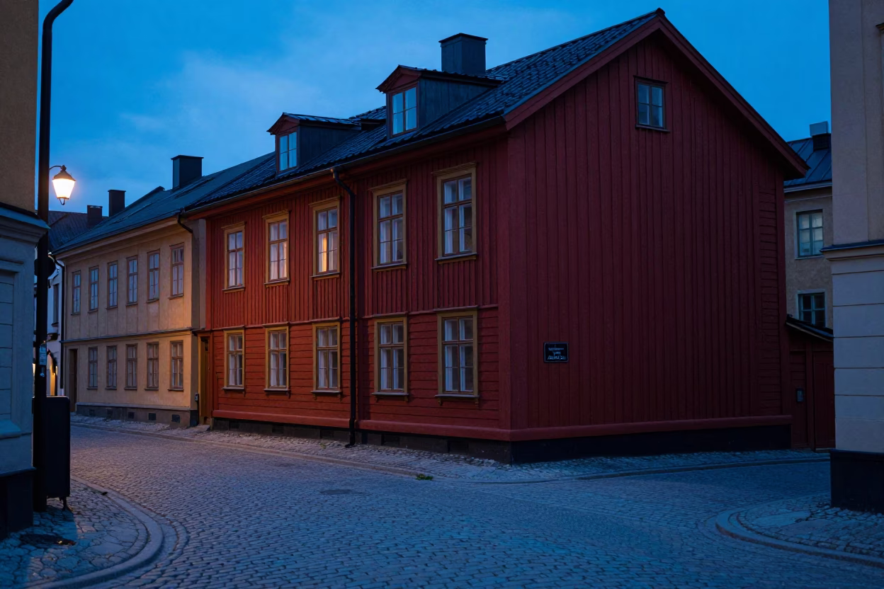 Blue Hour Stockholm Street Scene with Vintage 1950s Aesthetic and Evening Light in in Stockholm, Sweden