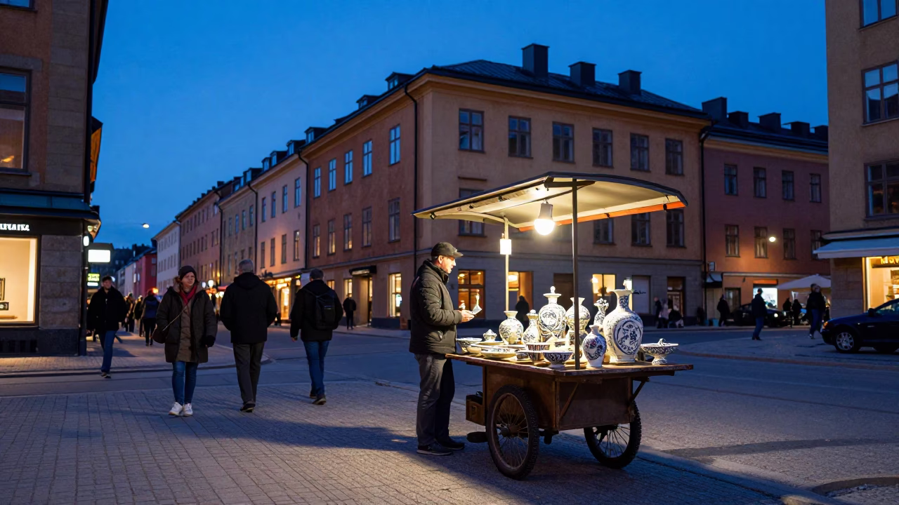 Blue Hour Stockholm Street Scene with Vintage 1950s Aesthetic and Porcelain Details in in Stockholm, Sweden