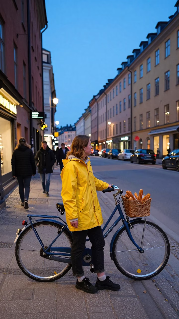 Blue Hour Stockholm Street Scene with Vintage Bicycle and Churros in in Stockholm, Sweden