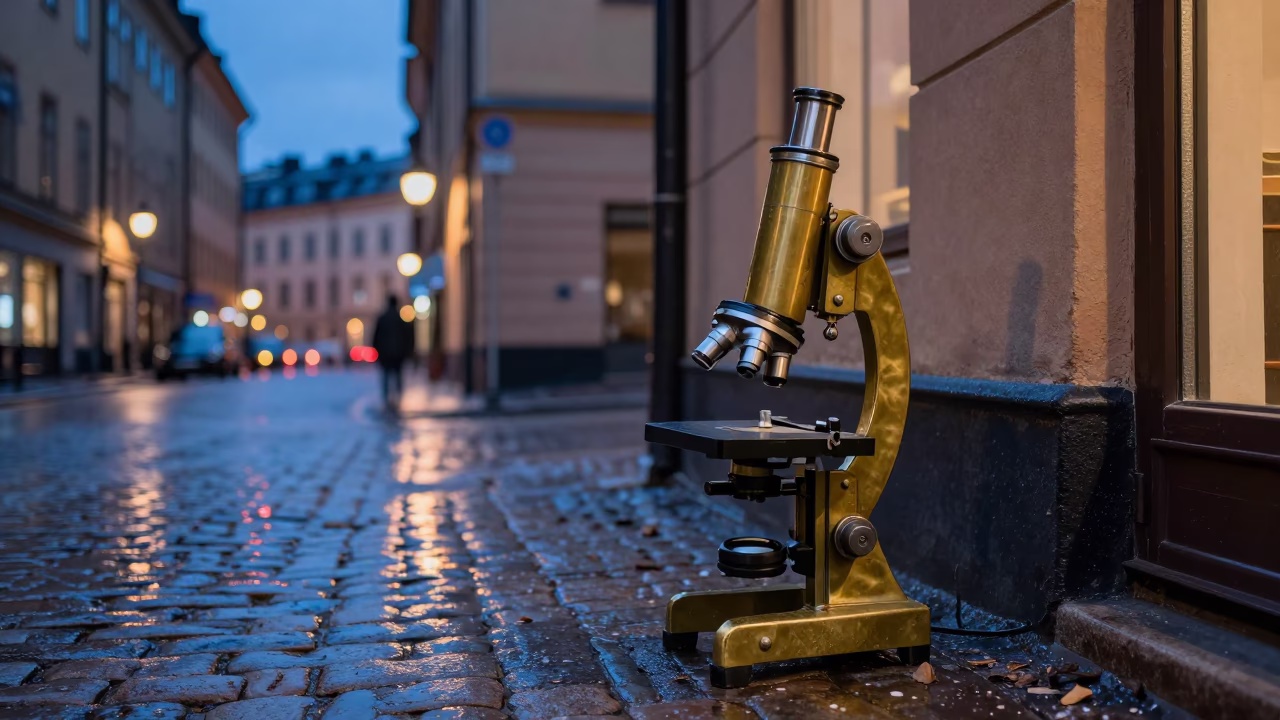 Blue Hour Stockholm Street Scene with Vintage Brass Microscope and Apricots in in Stockholm, Sweden