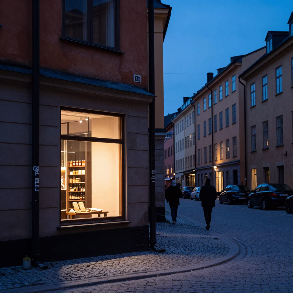 Blue Hour Stockholm Street Scene with Vintage Details and Urban Life in in Stockholm, Sweden