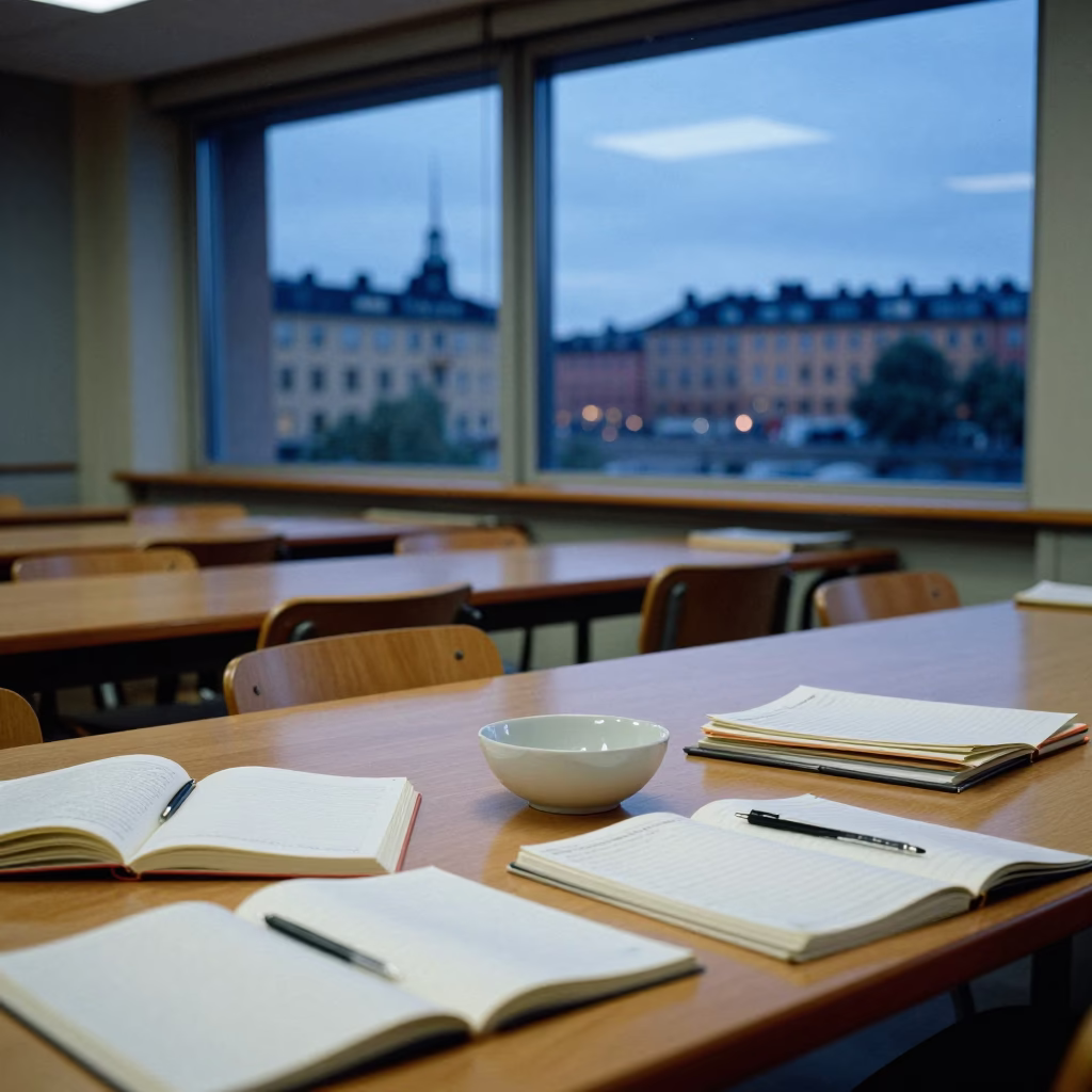 Blue Hour Stockholm University Seminar Room with Notebooks and Ceramic Bowl in in Stockholm, Sweden