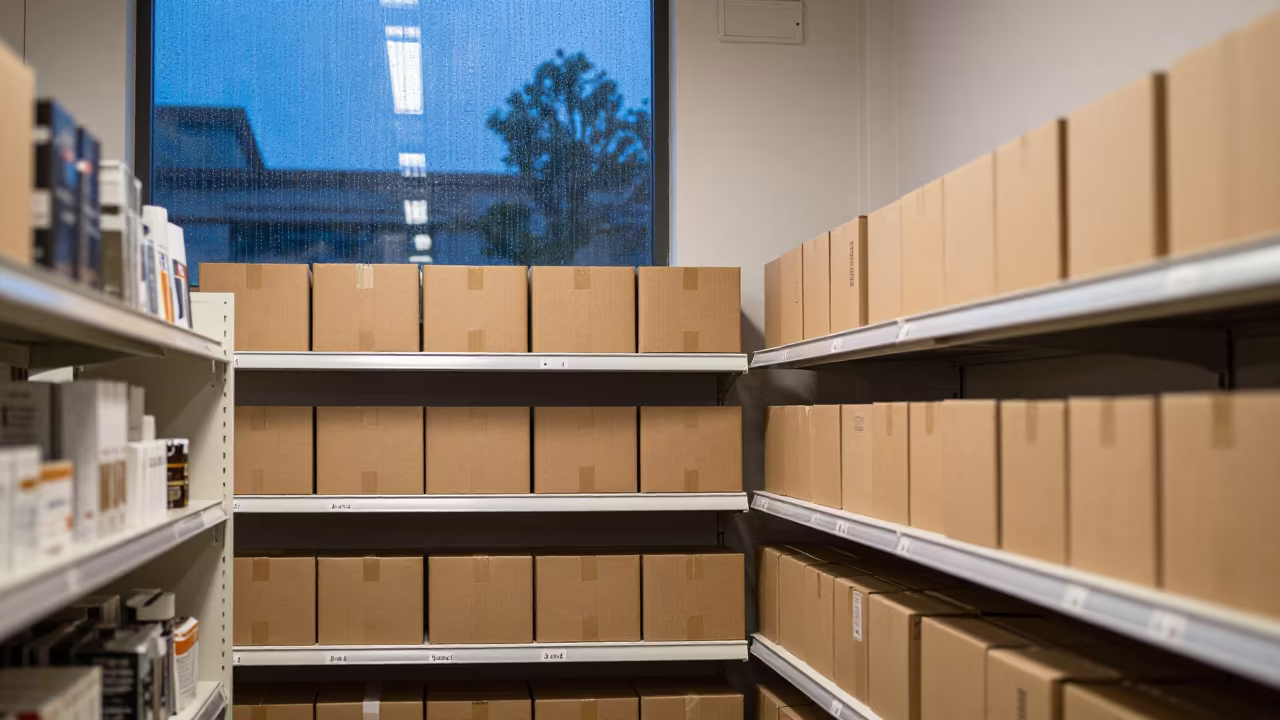 Blue Hour Stockroom Cartons Angers Retail in inside a store aisle lined with shelf tags in Angers