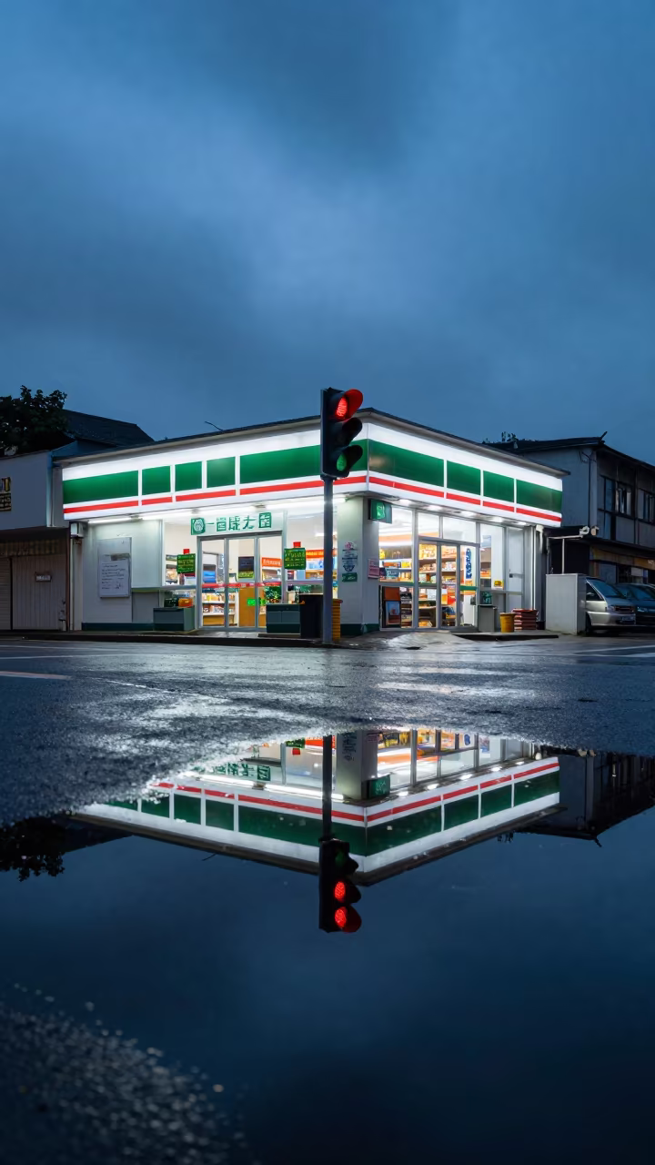 Blue Hour Street Corner Traffic Light Reflection in outside a fluorescent convenience store in Zhangjiajie