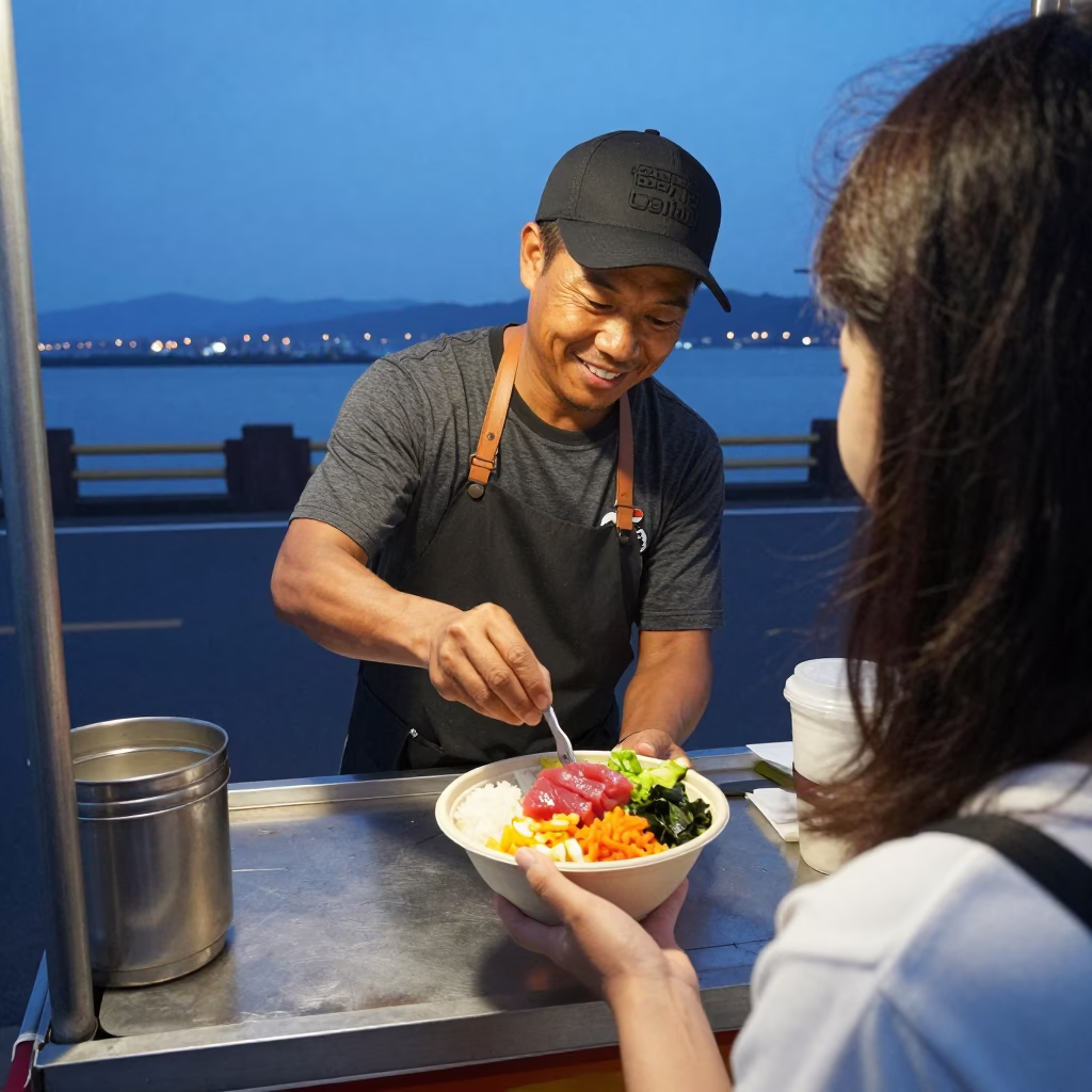 Blue Hour Street Food Vendor in Kaohsiung Taiwan Serving Fresh Poke Bowl in in Kaohsiung, Taiwan