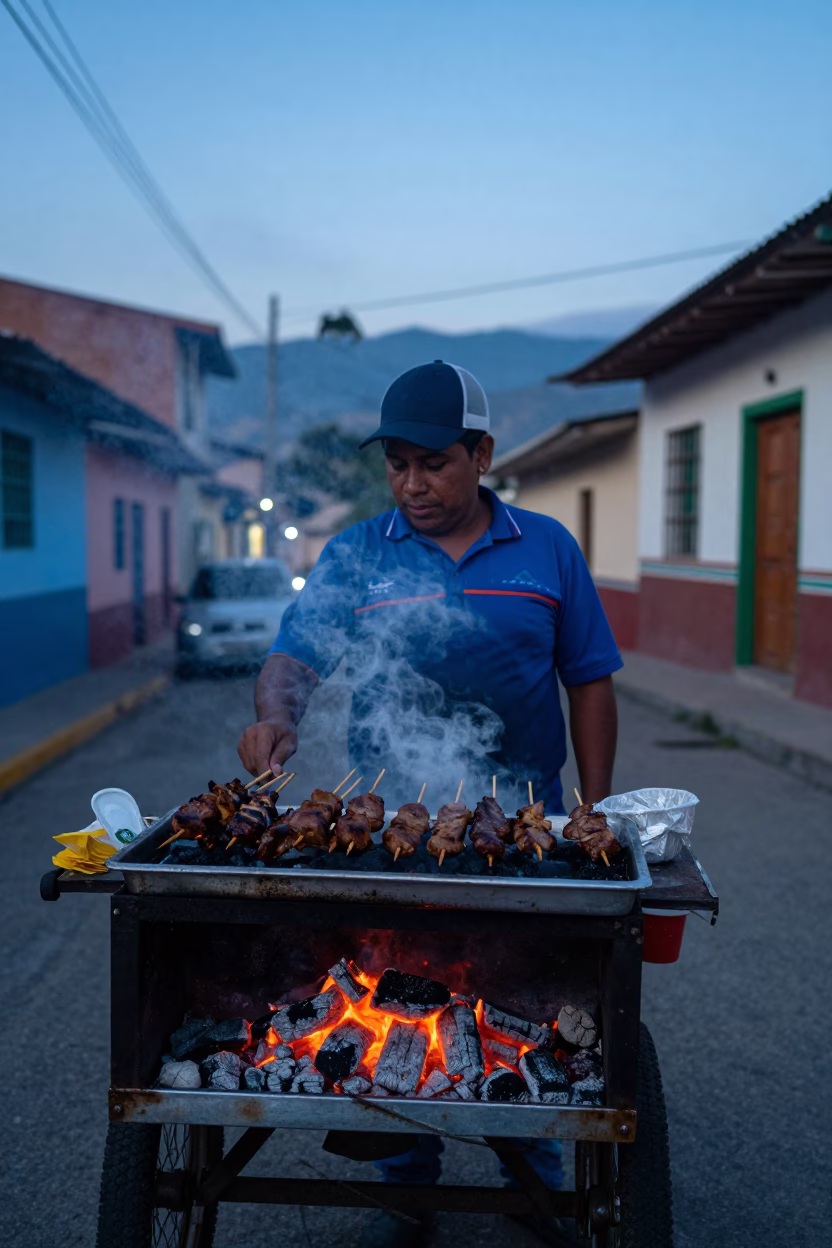Blue Hour Street Food Vendor in Medellin Colombia with Sate Skewers in in Medellin, Colombia