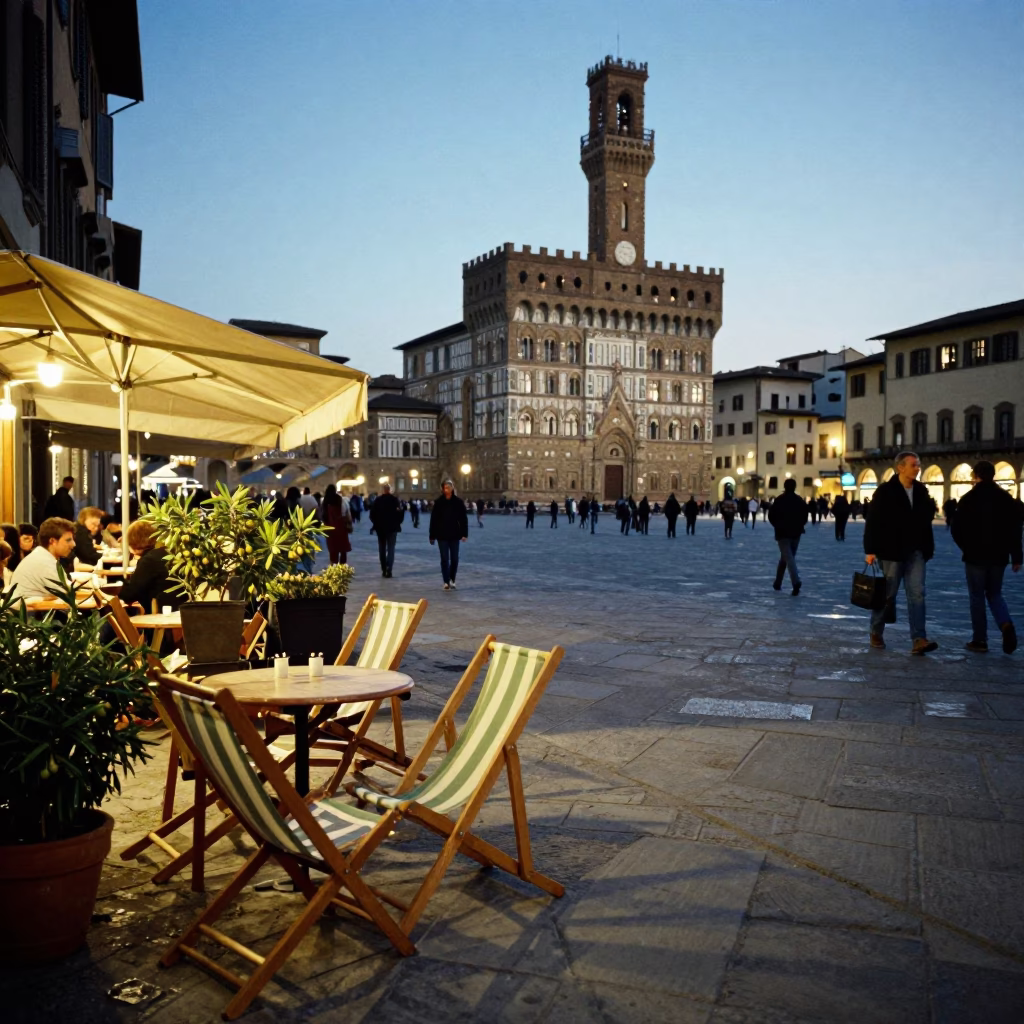 Blue Hour Street Life in Florence Italy with Wooden Deck Chairs and Olive Trees in in Florence, Italy