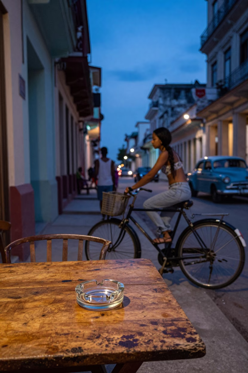 Blue Hour Street Life in Havana Cuba with Ashtray and Vintage Bicycle in in Havana, Cuba