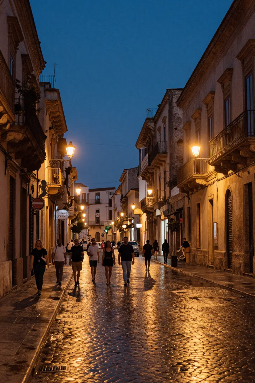 Blue Hour Street Life in Palermo Italy with Vintage 1980s Aesthetic and Local Architecture in in Palermo, Italy