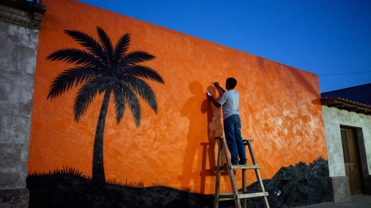 Blue Hour Street Mural Painting in La Paz Bolivia With Palm Tree Silhouette in in La Paz, Bolivia