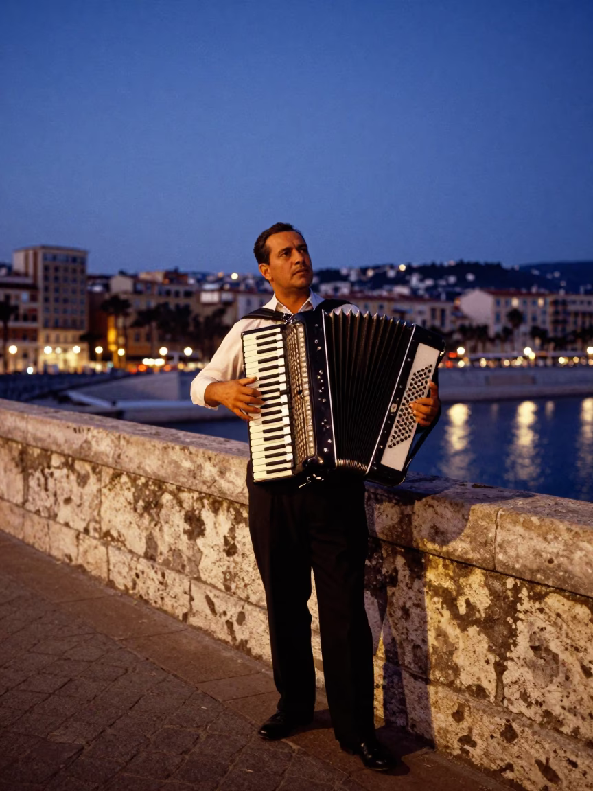 Blue Hour Street Musician Playing Accordion on Cobblestone Bridge in Nice France in in Nice, France