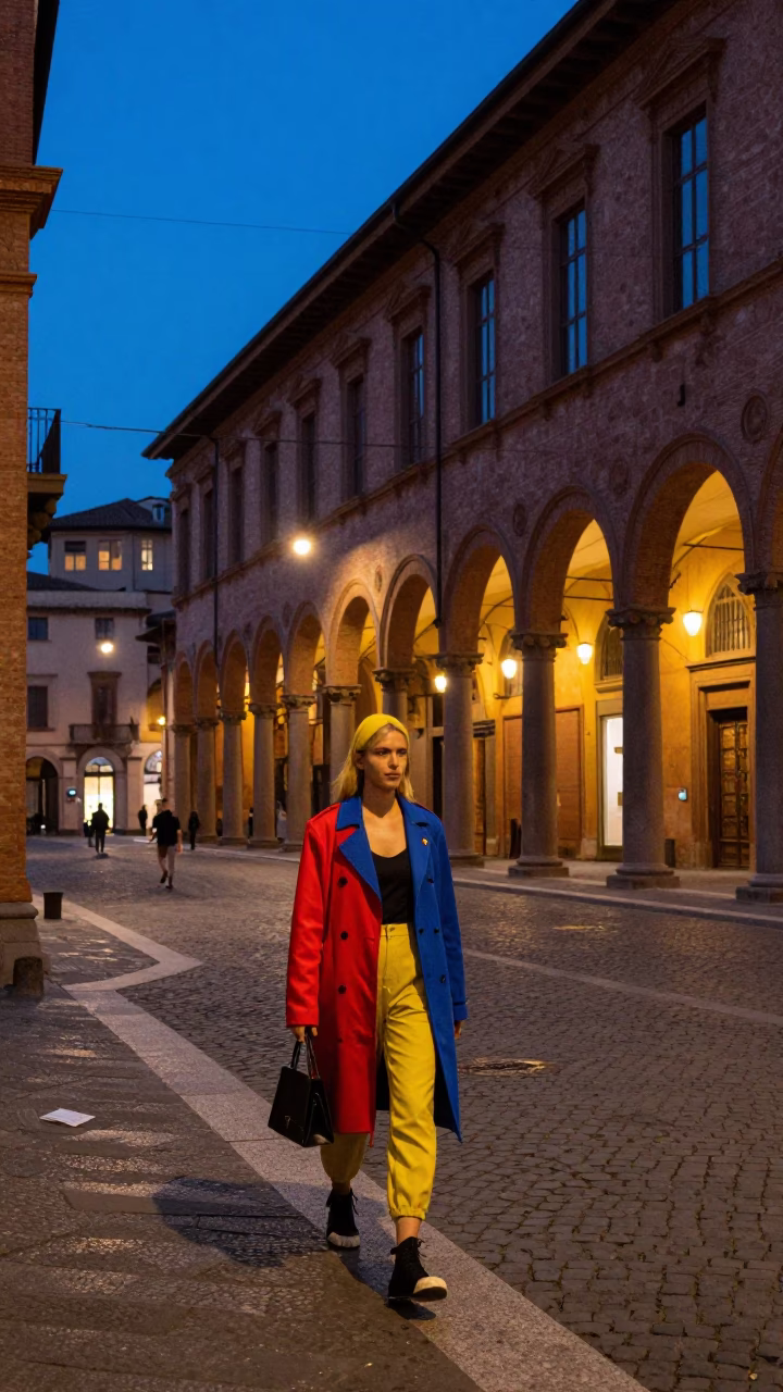 Blue Hour Street Photography in Bologna Italy with Colorful High Fashion and Local Life in in Bologna, Italy