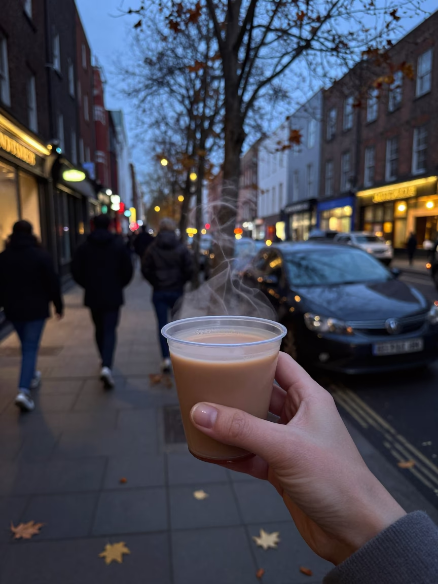 Blue Hour Street Photography in Dublin Ireland with Cardamom Chai and Autumn Leaves in in Dublin, Ireland
