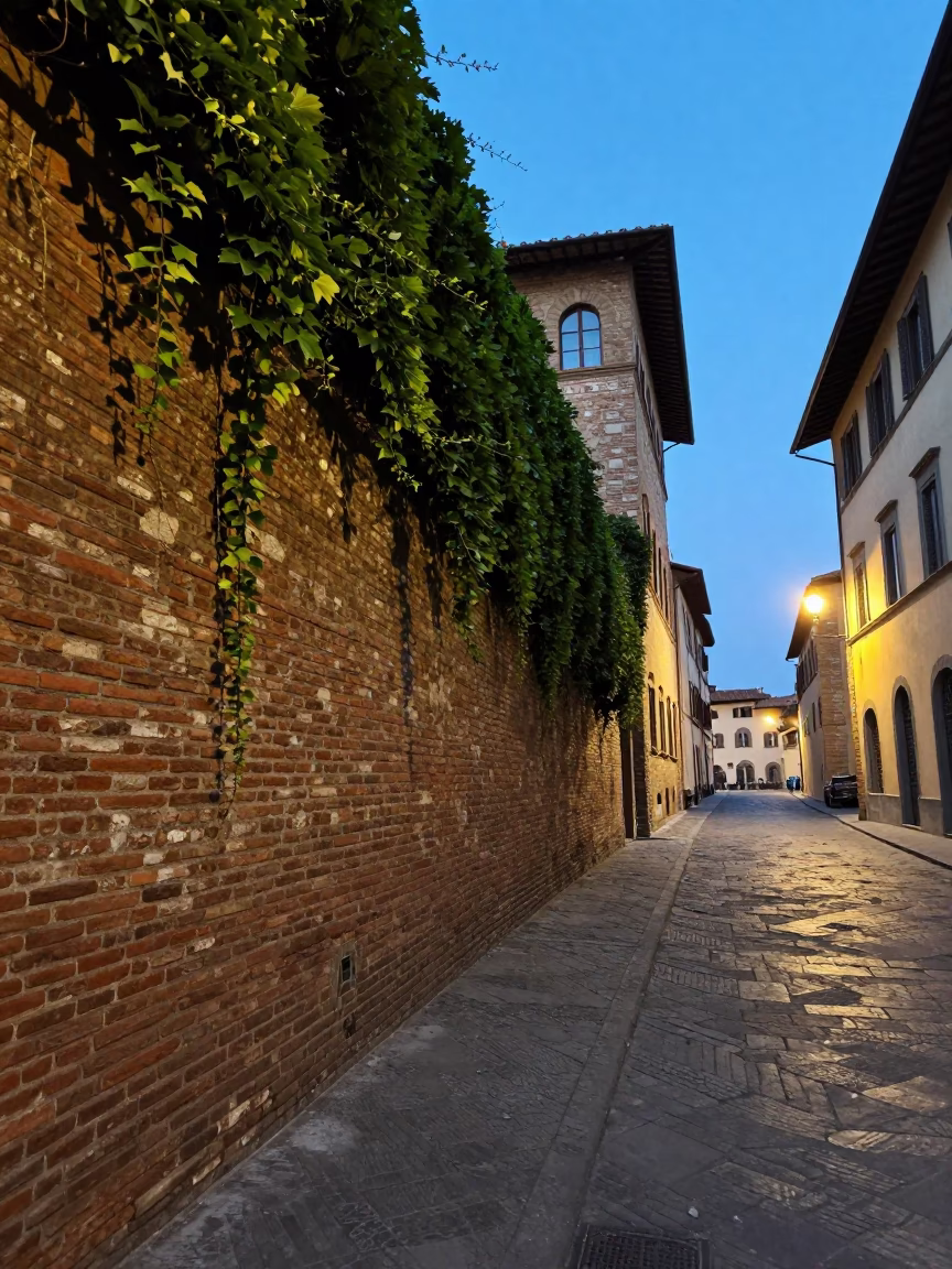 Blue Hour Street Photography in Florence Italy with Ivy Climbing Brick Wall in in Florence, Italy