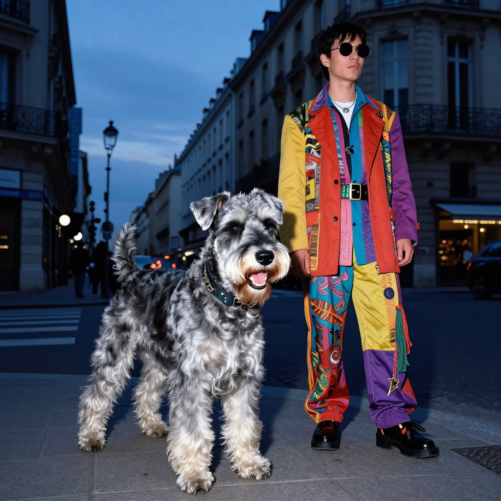 Blue Hour Street Photography in Lyon France with Giant Schnauzer and High Fashion Attire in in Lyon, France