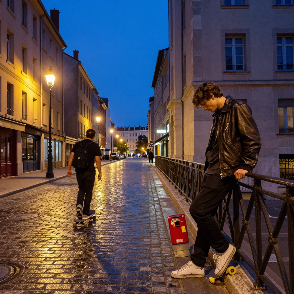 Blue Hour Street Photography in Lyon France with Skateboarder and Lockbox in in Lyon, France