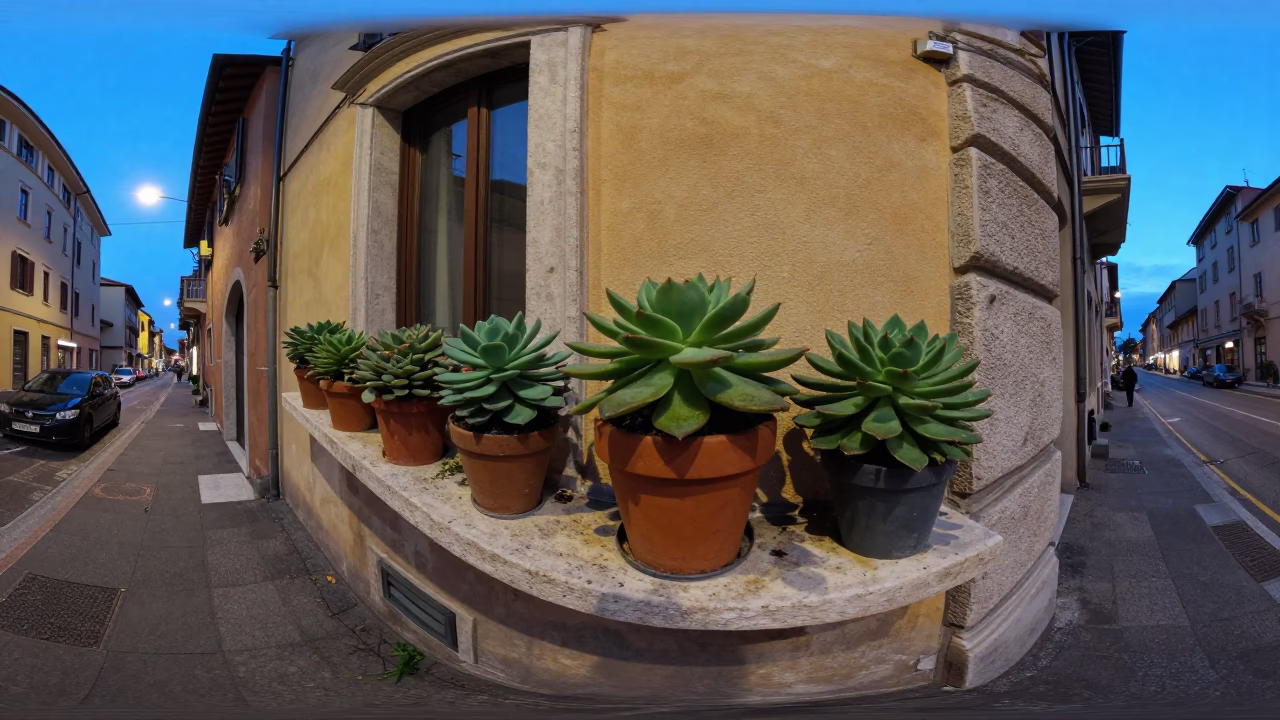 Blue Hour Street Photography in Milan Italy with Potted Succulents and Urban Architecture in in Milan, Italy