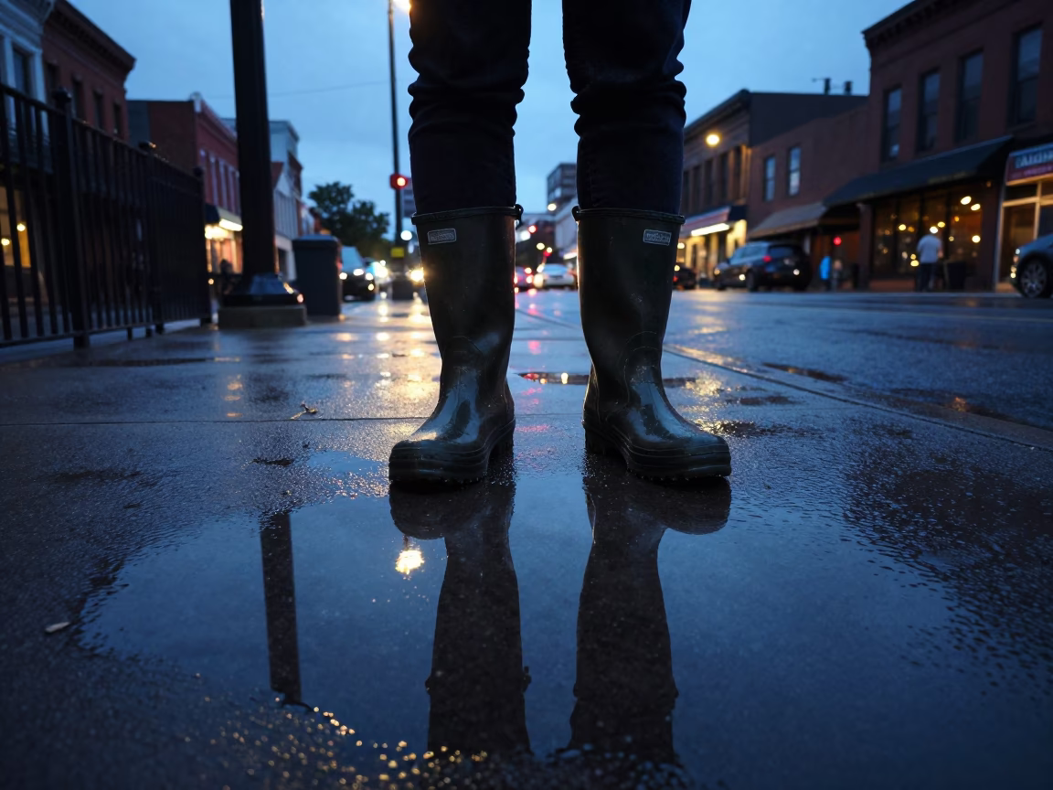 Blue Hour Street Photography in Nashville Tennessee Rain Boots and Wet Pavement Reflections in in Nashville, Tennessee, United States