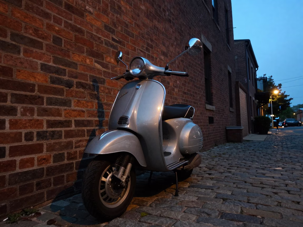 Blue Hour Street Photography in Philadelphia Pennsylvania Vintage Vespa Cobblestone Lane in in Philadelphia, Pennsylvania, United States