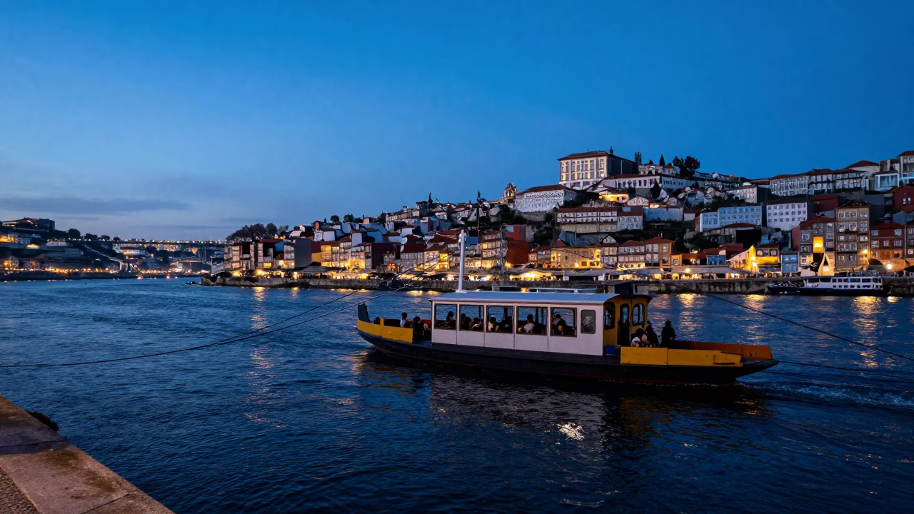 Blue Hour Street Photography in Porto Portugal with Chain Ferry Crossing Douro River in in Porto, Portugal