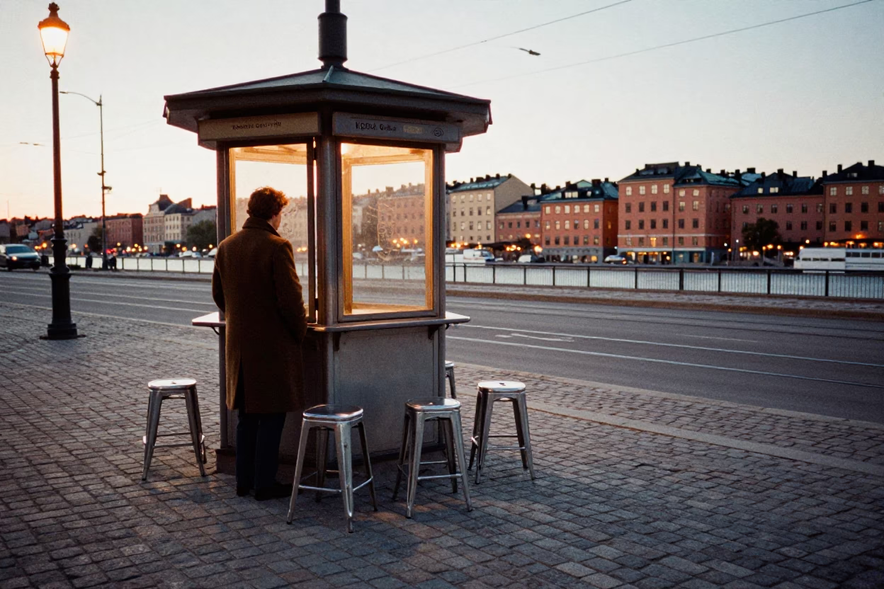 Blue Hour Street Photography in Stockholm Sweden with Metal Stools and Monorail in in Stockholm, Sweden